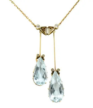 Victorian 12.22 CTW Aquamarine Diamond 14 Karat Gold Double Drop Necklace