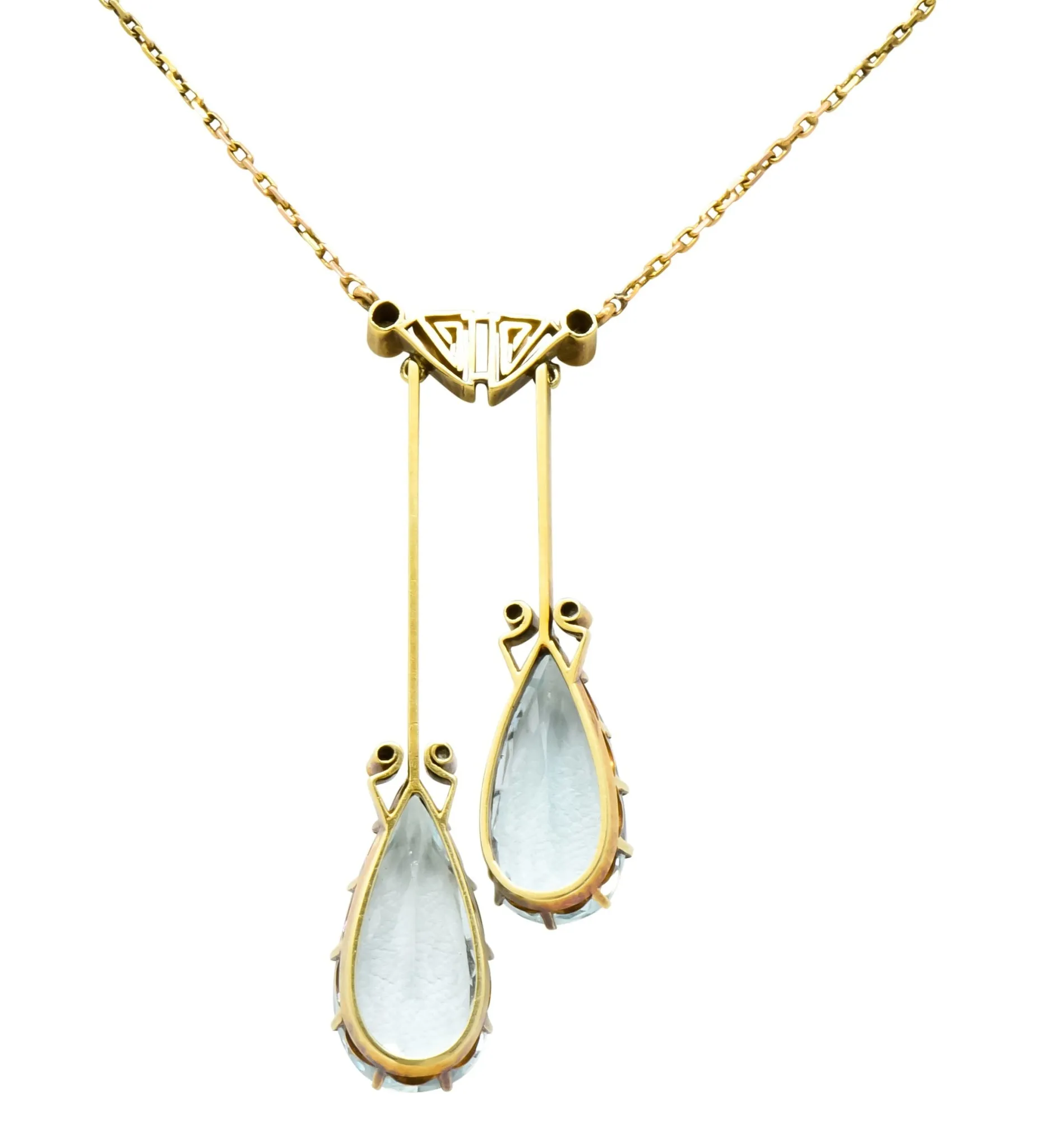Victorian 12.22 CTW Aquamarine Diamond 14 Karat Gold Double Drop Necklace