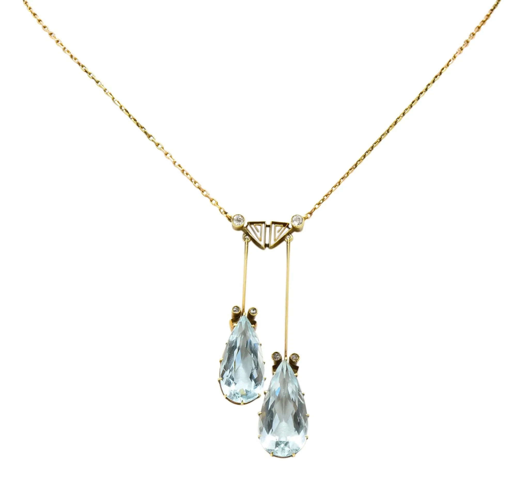 Victorian 12.22 CTW Aquamarine Diamond 14 Karat Gold Double Drop Necklace