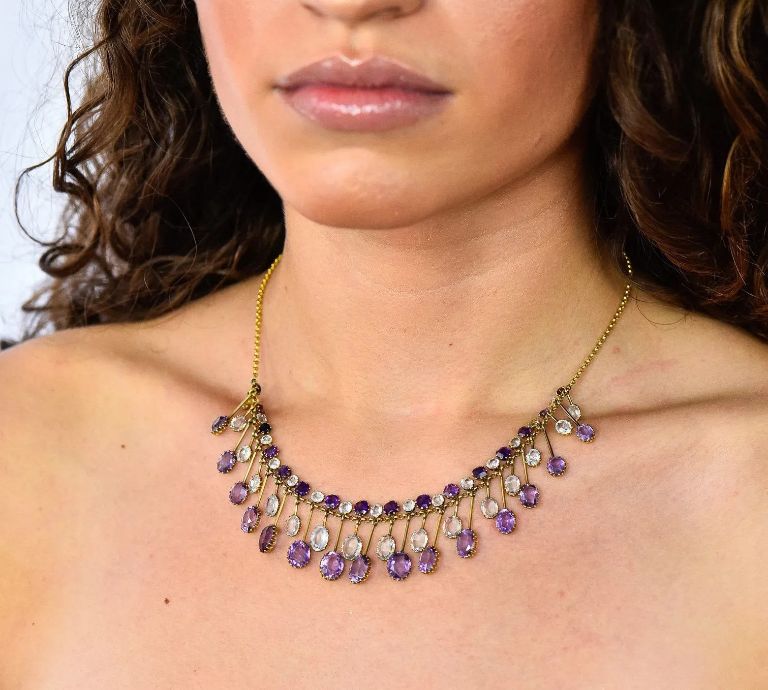 Victorian Aquamarine Amethyst 12 Karat Gold Fringe Necklace
