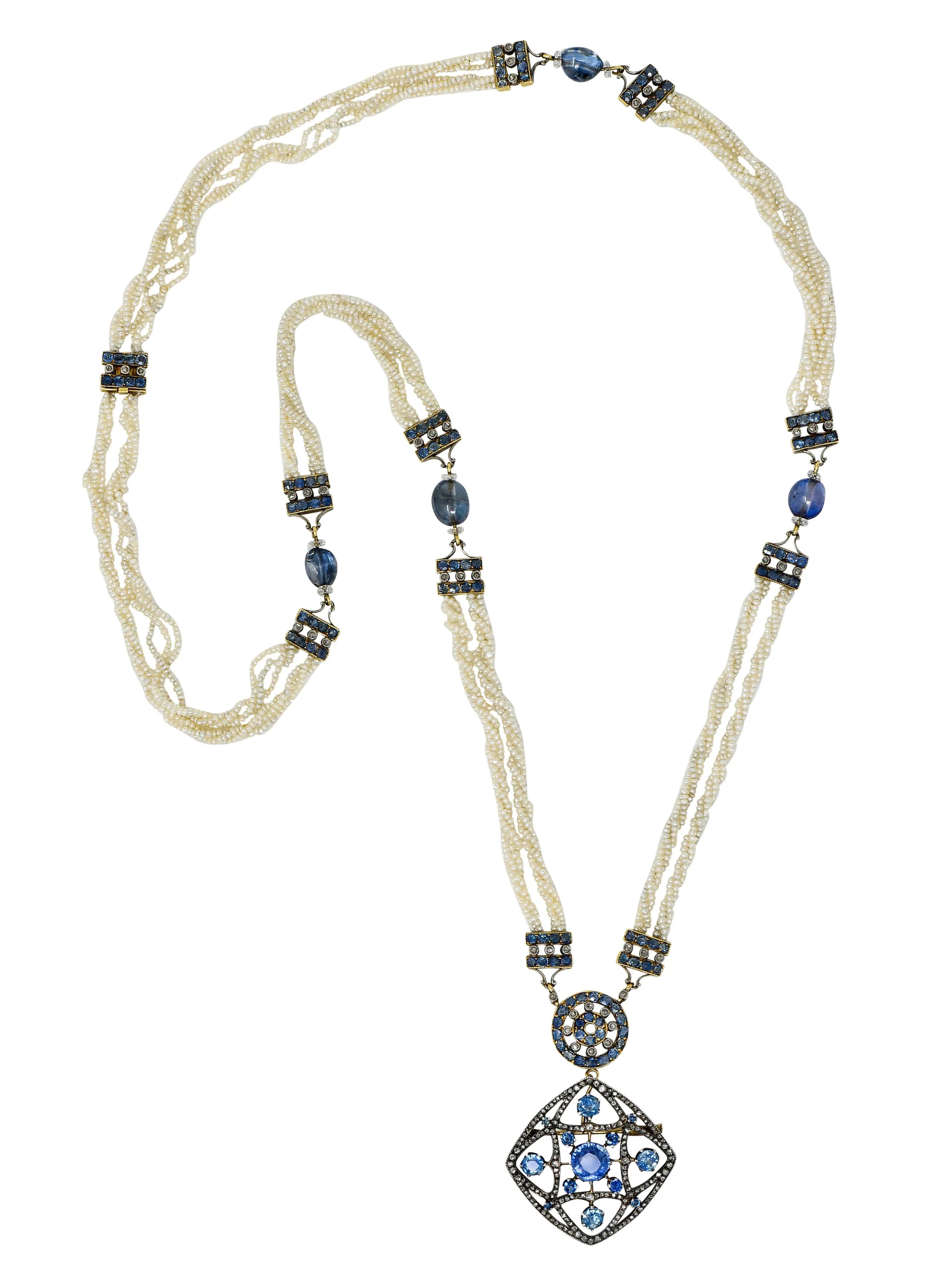 Victorian Sapphire Diamond Pearl Silver-Topped 18 Karat Gold Strand Pendant Sautoir Necklace