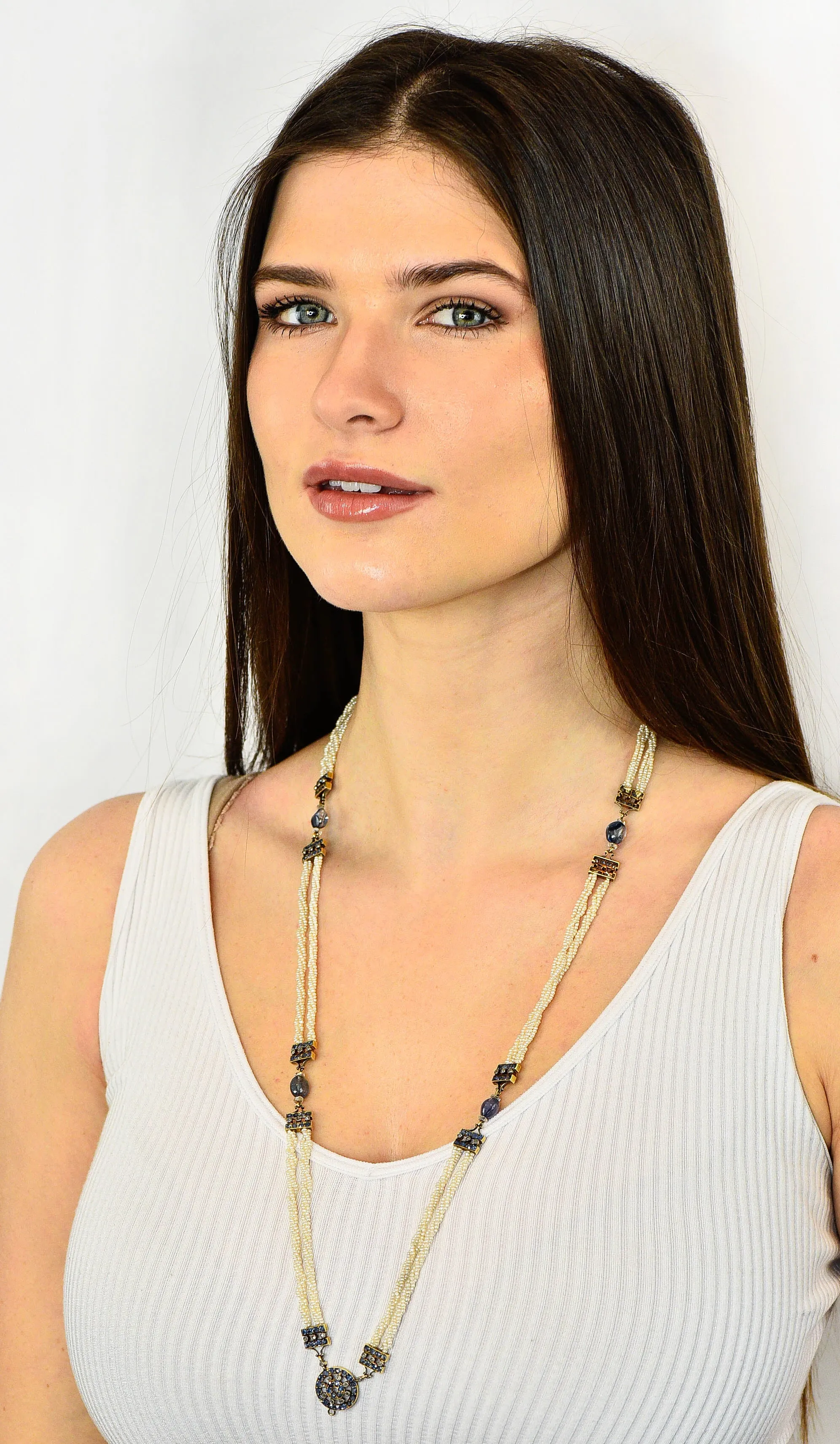Victorian Sapphire Diamond Pearl Silver-Topped 18 Karat Gold Strand Pendant Sautoir Necklace