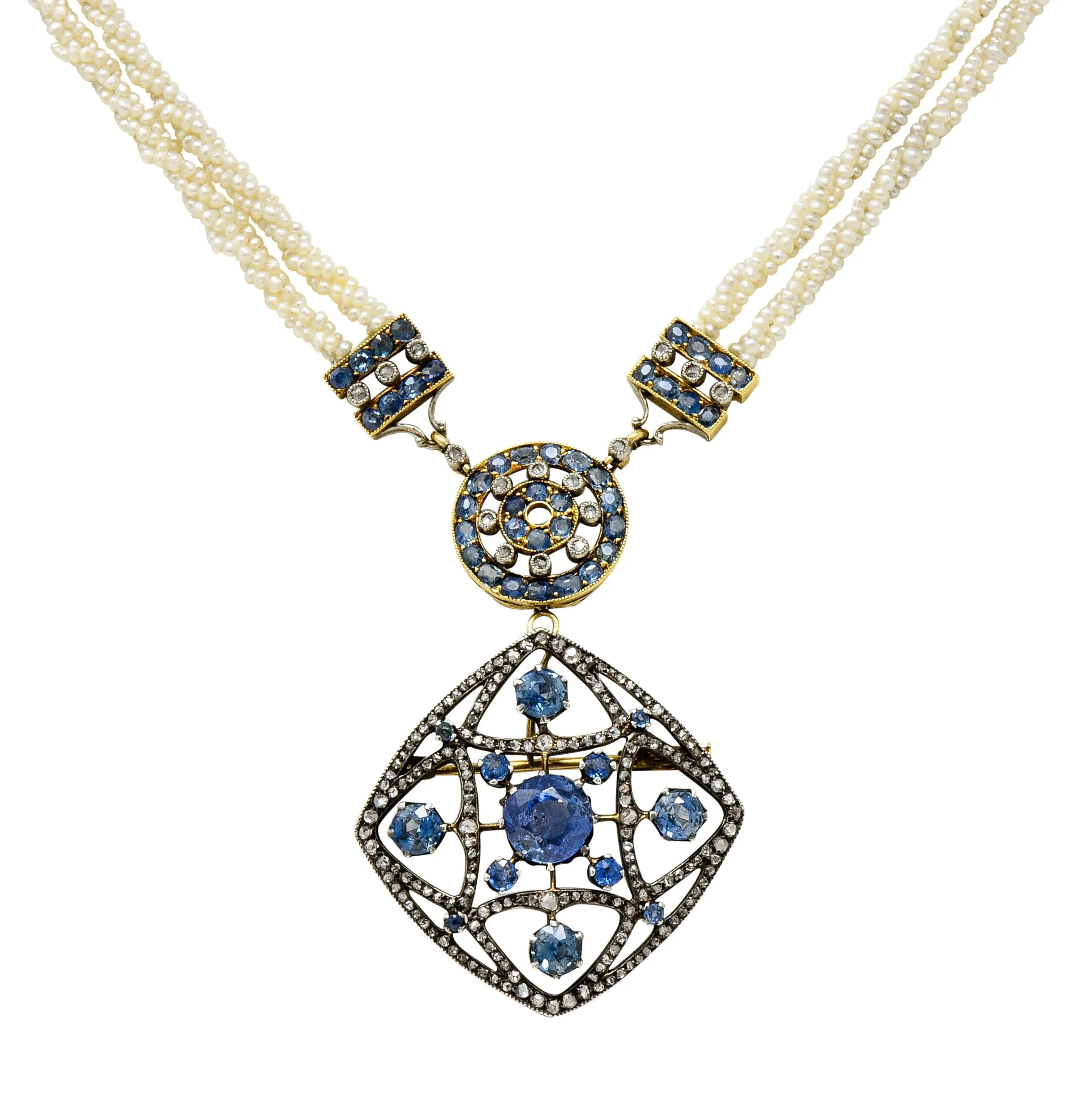Victorian Sapphire Diamond Pearl Silver-Topped 18 Karat Gold Strand Pendant Sautoir Necklace