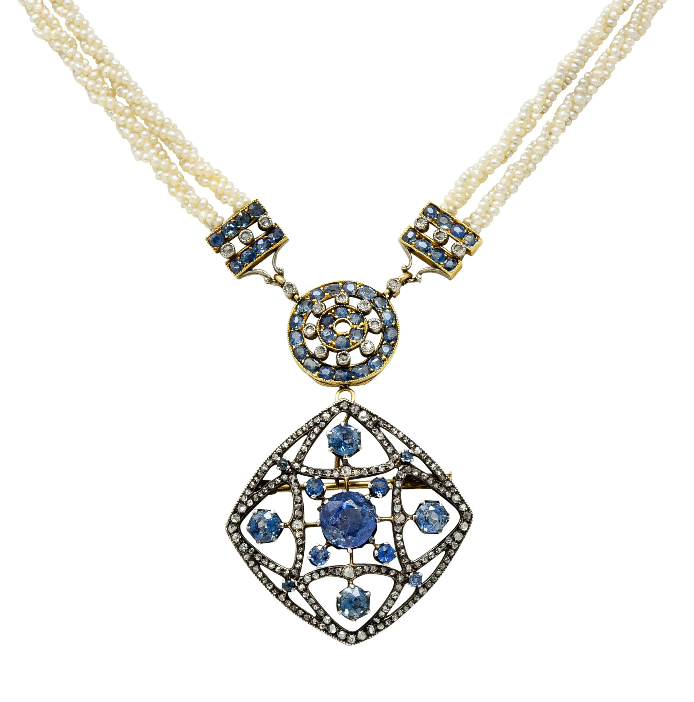 Victorian Sapphire Diamond Pearl Silver-Topped 18 Karat Gold Strand Pendant Sautoir Necklace