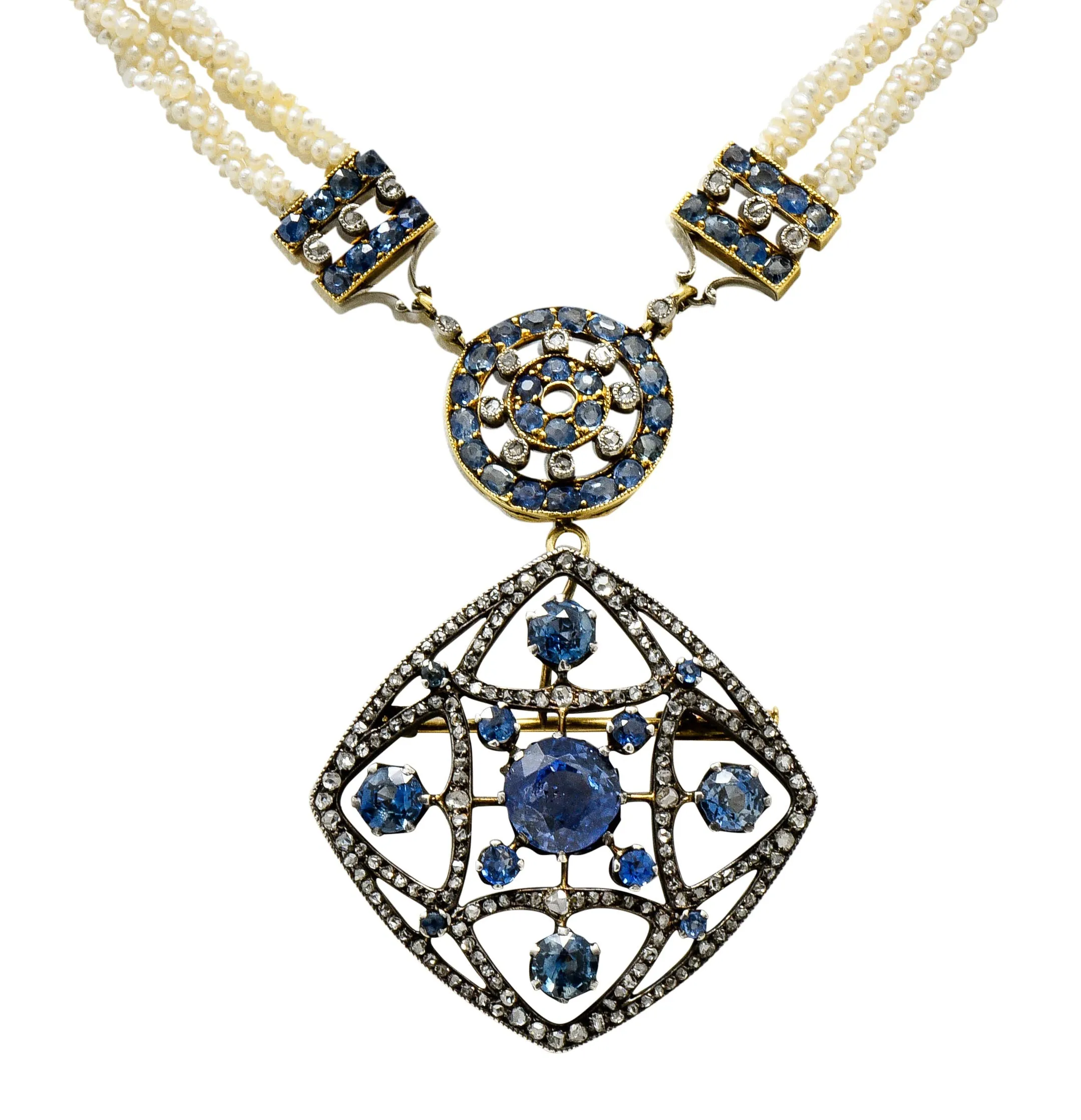Victorian Sapphire Diamond Pearl Silver-Topped 18 Karat Gold Strand Pendant Sautoir Necklace