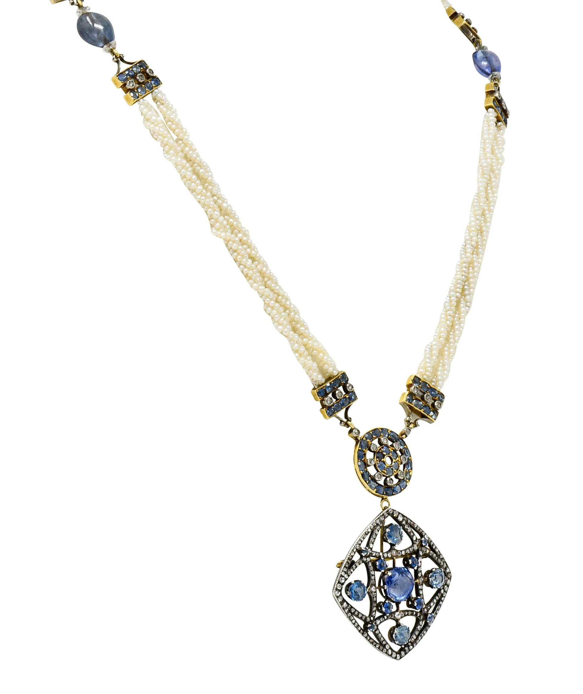 Victorian Sapphire Diamond Pearl Silver-Topped 18 Karat Gold Strand Pendant Sautoir Necklace