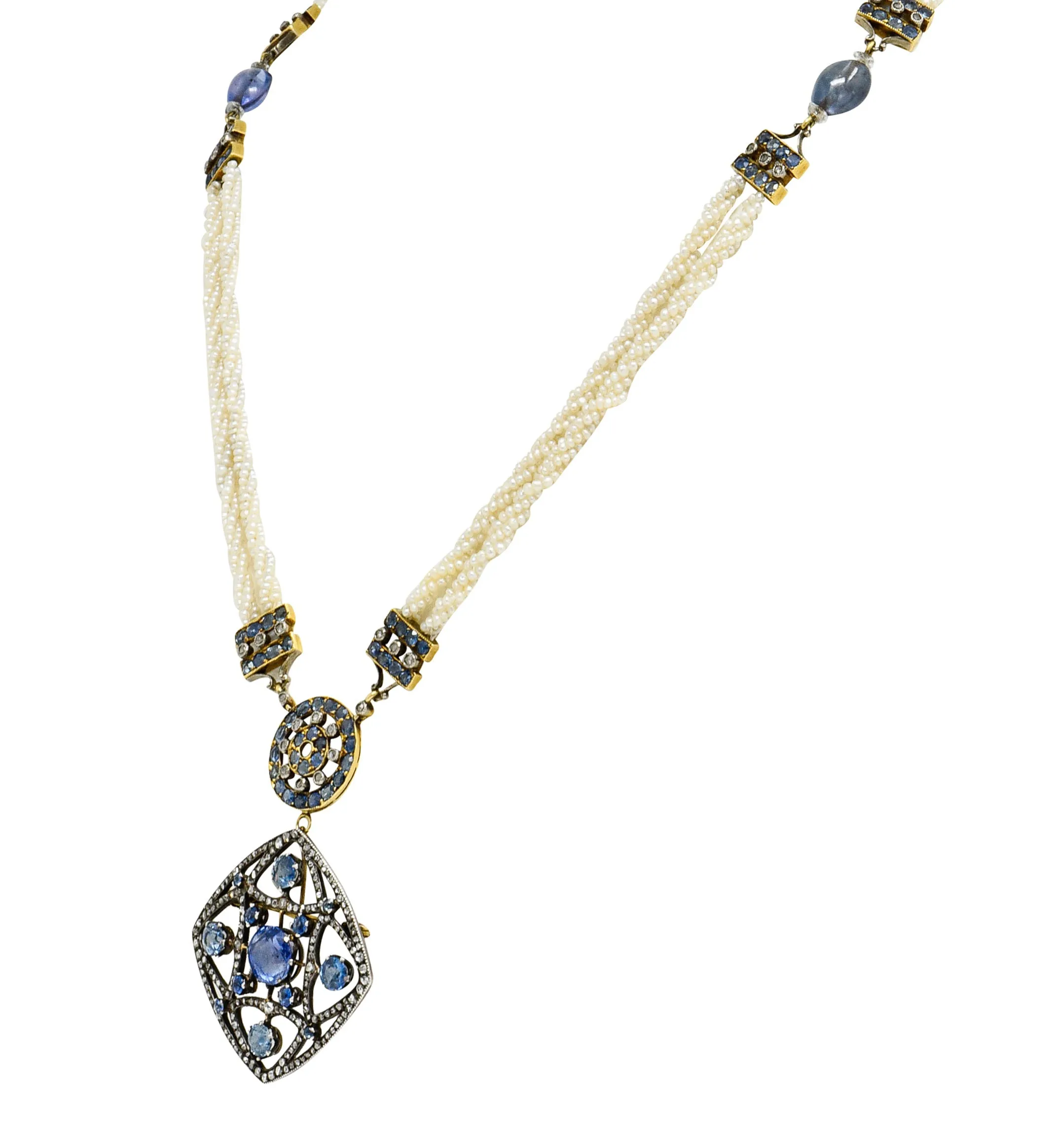 Victorian Sapphire Diamond Pearl Silver-Topped 18 Karat Gold Strand Pendant Sautoir Necklace