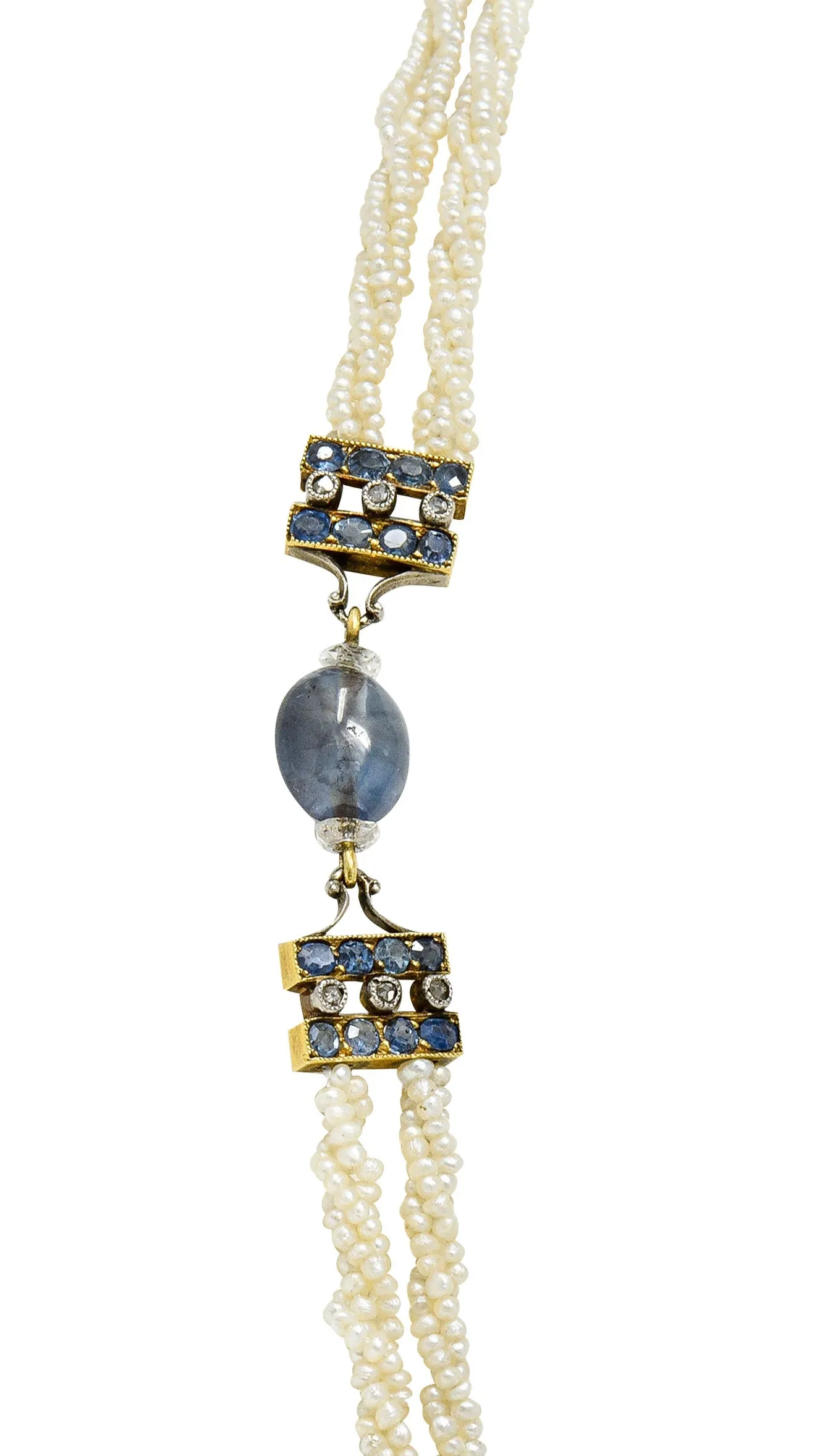 Victorian Sapphire Diamond Pearl Silver-Topped 18 Karat Gold Strand Pendant Sautoir Necklace