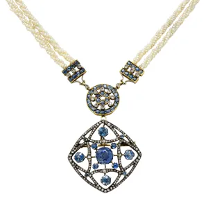 Victorian Sapphire Diamond Pearl Silver-Topped 18 Karat Gold Strand Pendant Sautoir Necklace