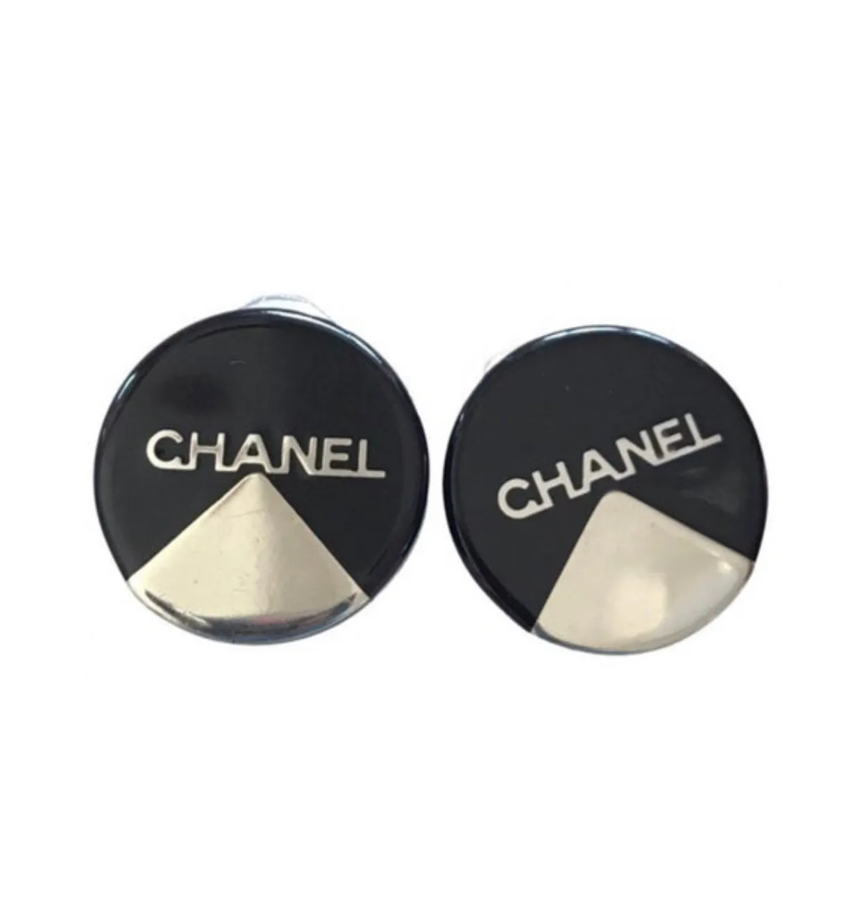 Vintage Chanel round earrings with silver and black mod design.