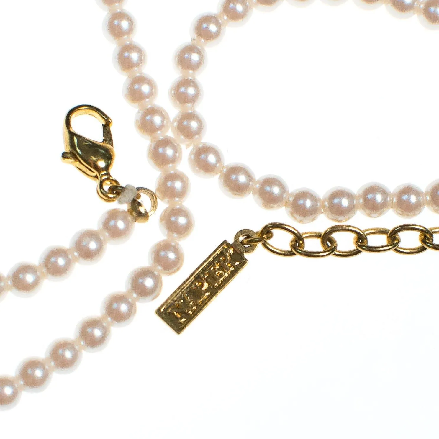 Vintage Napier Pearl and Rhinestone Necklace, Faux Pearls, Gold Tone Pendant with Diamante Crystals, Lobster Claw Clasp