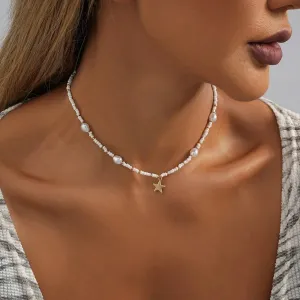 Vintage Star Bead Pearl Pendant Simple Clavicle Necklace