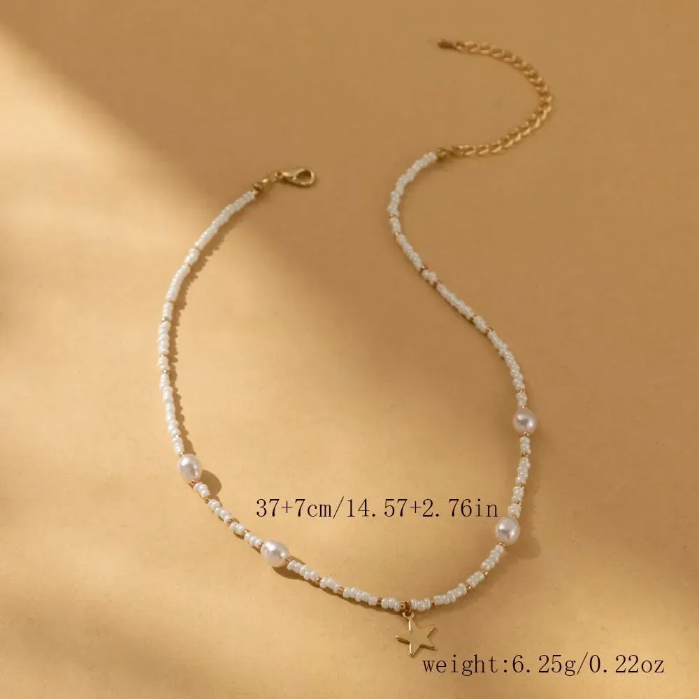 Vintage Star Bead Pearl Pendant Simple Clavicle Necklace