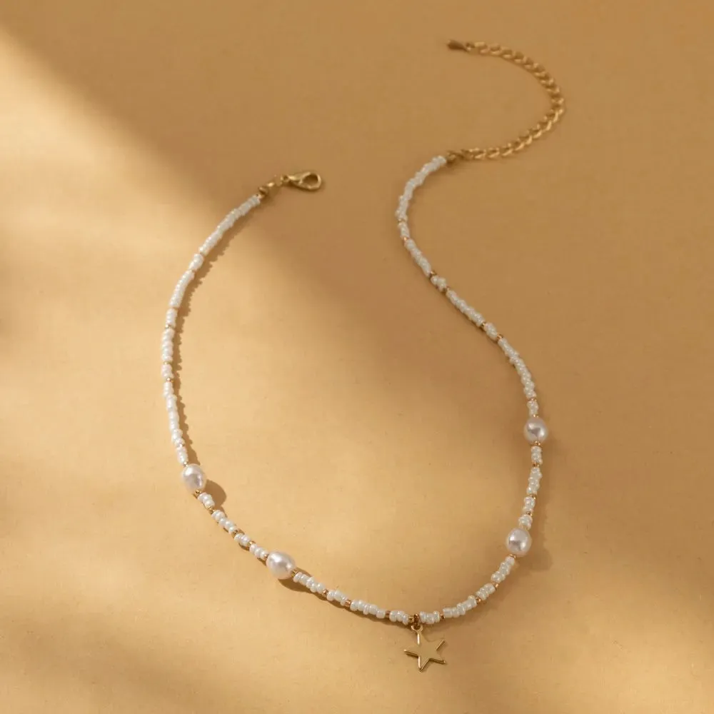 Vintage Star Bead Pearl Pendant Simple Clavicle Necklace