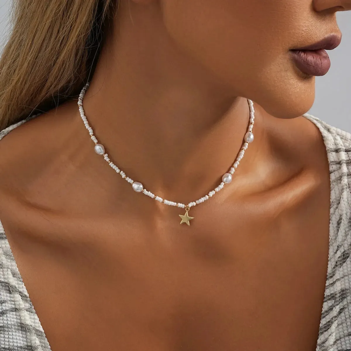 Vintage Star Bead Pearl Pendant Simple Clavicle Necklace