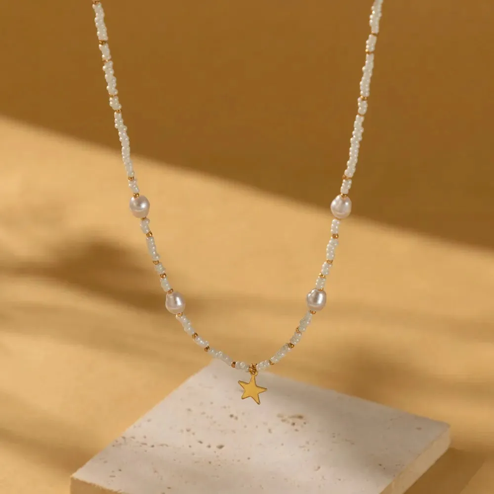 Vintage Star Bead Pearl Pendant Simple Clavicle Necklace