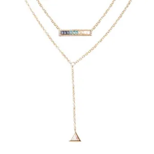 Vita Lariat Necklace with Geometric Pendant and Blue Bar Charm