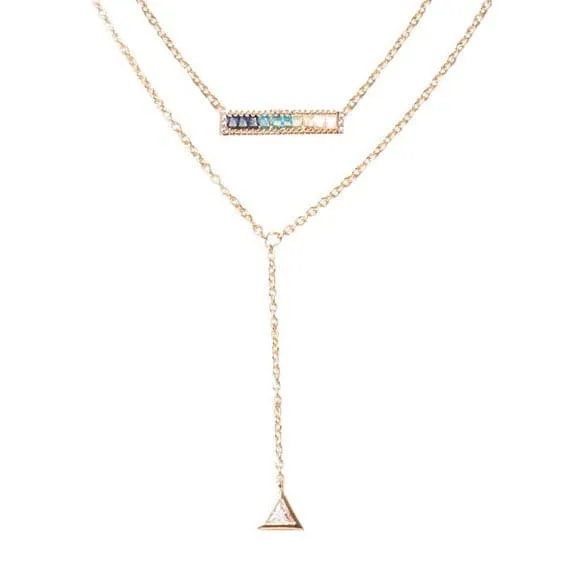 Vita Lariat Necklace with Geometric Pendant and Blue Bar Charm