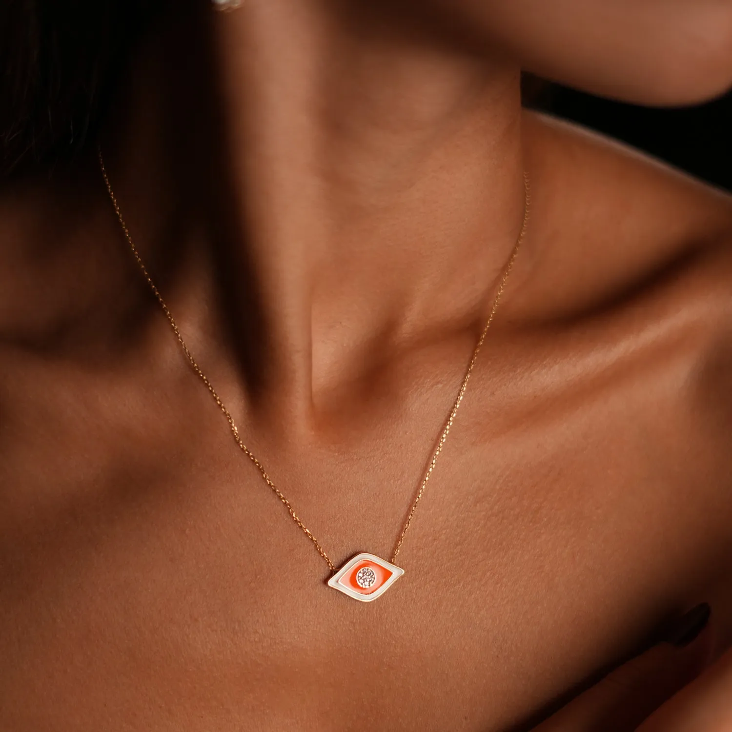 Vivid Orange Enamel Evil Eye Pendant Gold & Diamond Necklace