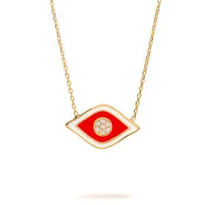 Vivid Orange Enamel Evil Eye Pendant Gold & Diamond Necklace