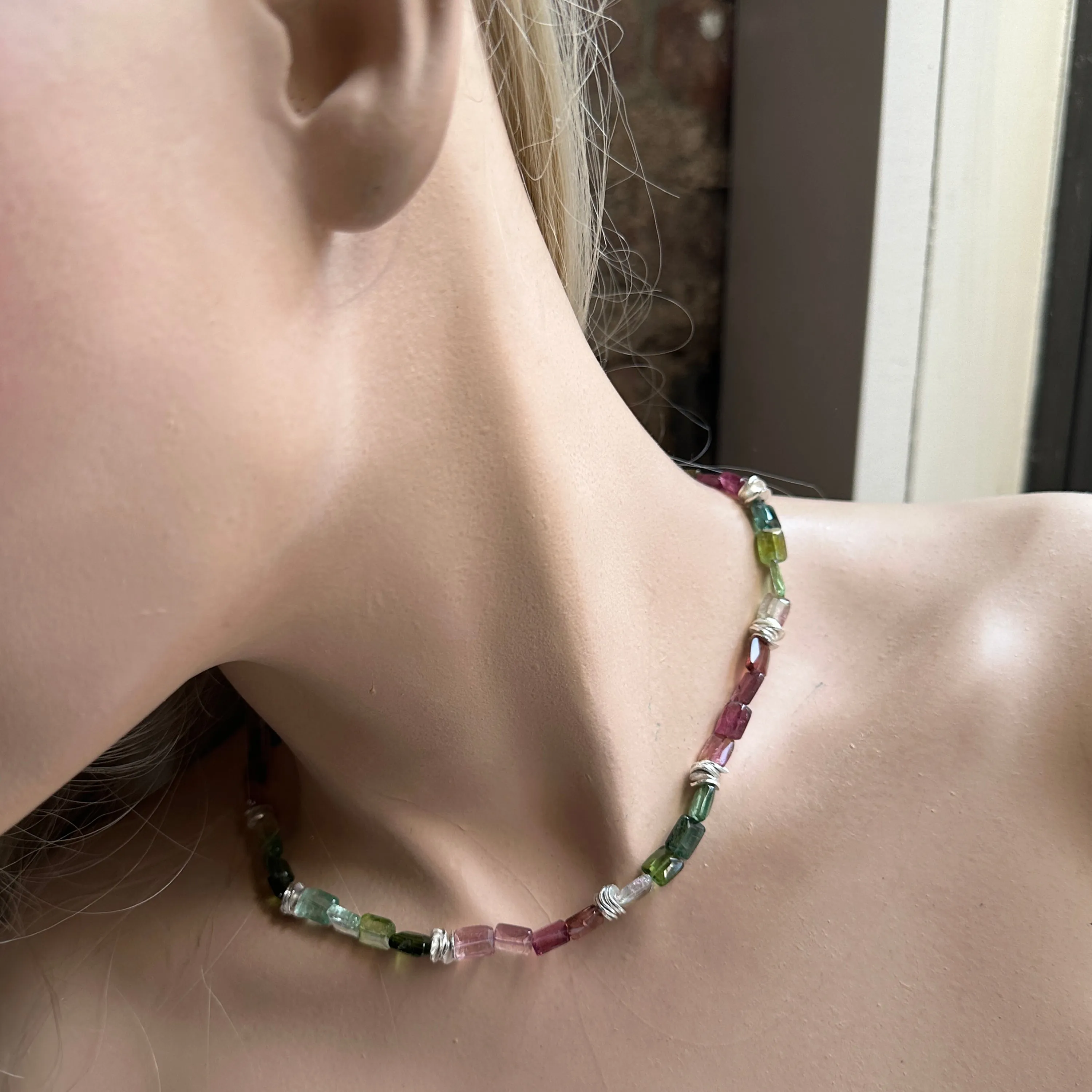 Watermelon Tourmaline Chicklet Silver Choker