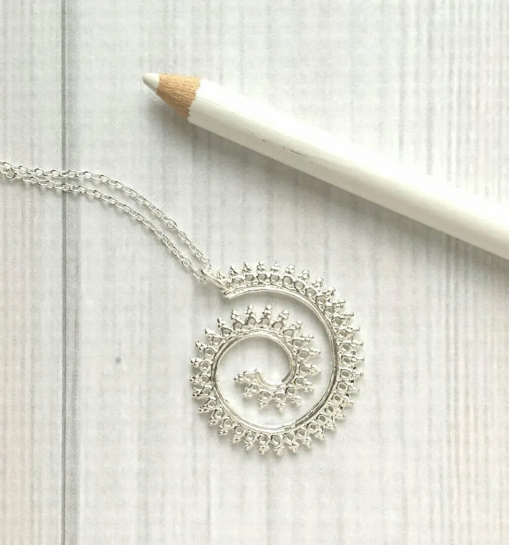 Whirlwind Necklace, silver spiral pendant, princess crown wire, swirl necklace, silver filigree pendant, fancy coil, delicate thin chain