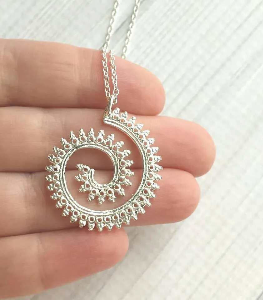 Whirlwind Necklace, silver spiral pendant, princess crown wire, swirl necklace, silver filigree pendant, fancy coil, delicate thin chain