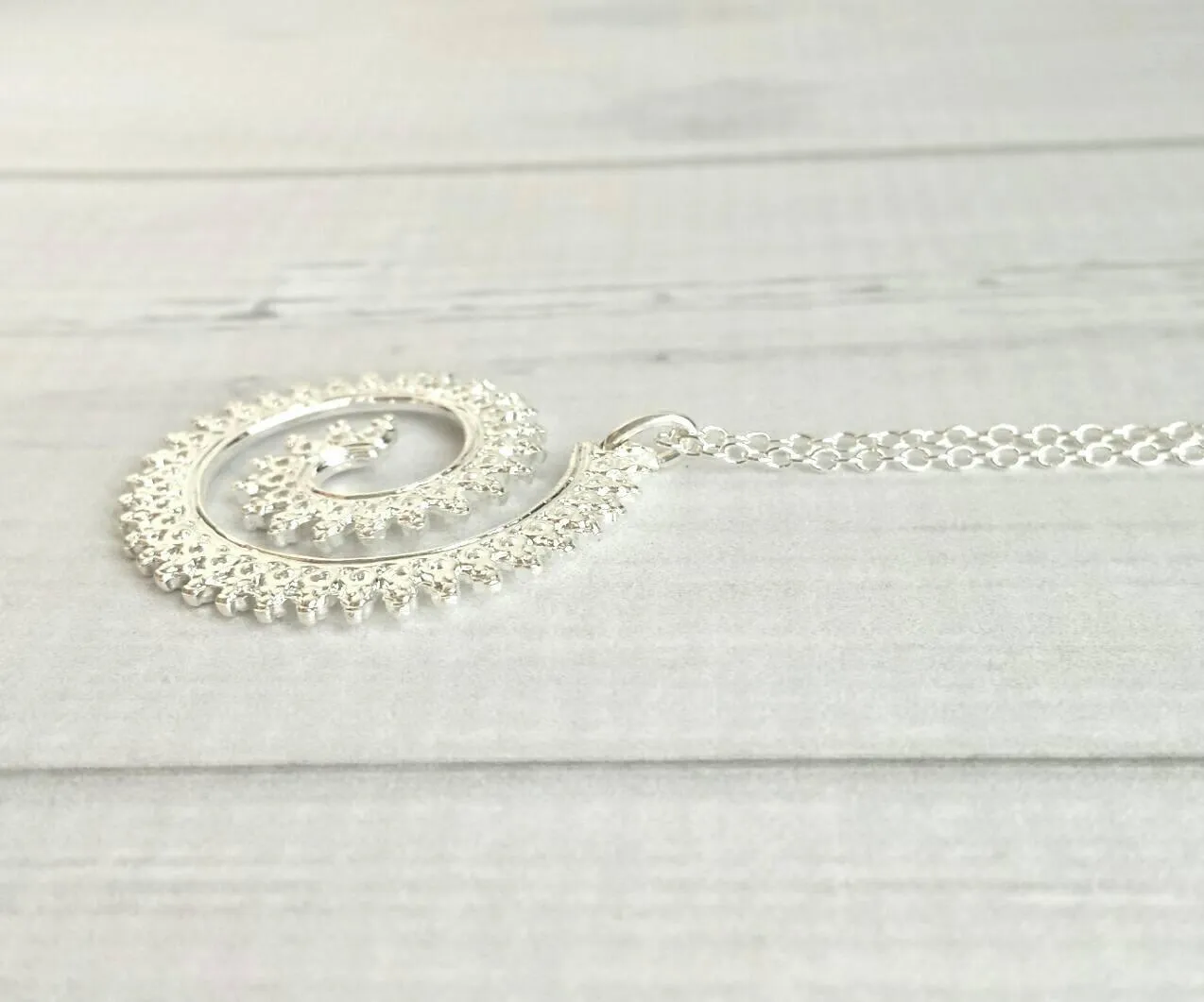 Whirlwind Necklace, silver spiral pendant, princess crown wire, swirl necklace, silver filigree pendant, fancy coil, delicate thin chain