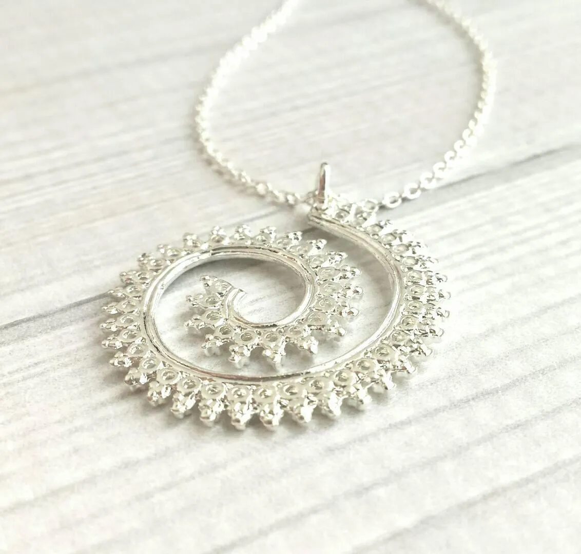 Whirlwind Necklace, silver spiral pendant, princess crown wire, swirl necklace, silver filigree pendant, fancy coil, delicate thin chain