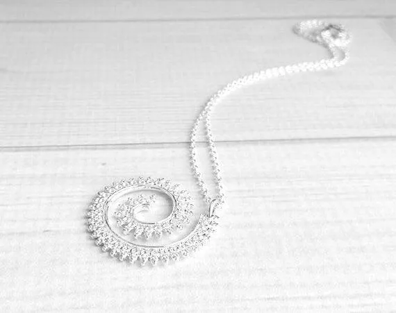 Whirlwind Necklace, silver spiral pendant, princess crown wire, swirl necklace, silver filigree pendant, fancy coil, delicate thin chain