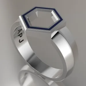 White Gold Geometric Hexagon Signet Ring, Royal Blue Resin Solid 14kt White Gold Standard Signet Design