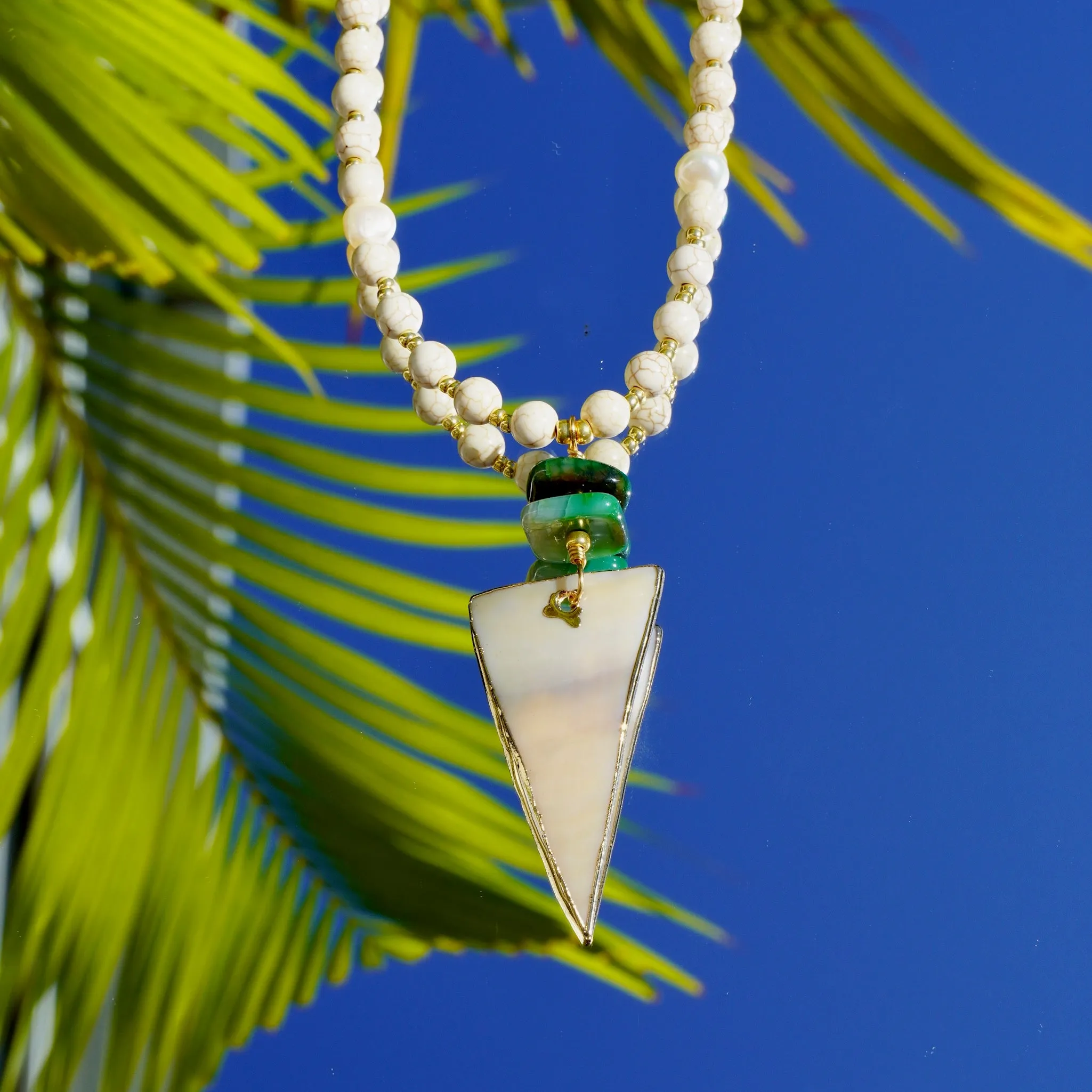 White Howlite Round Beads, Fresh Water Pearls, Green Agate, Golden Glass Beads and a Mother of Pearl Pendant in a Triangle Shape 310-37 | Erika Williner Designs