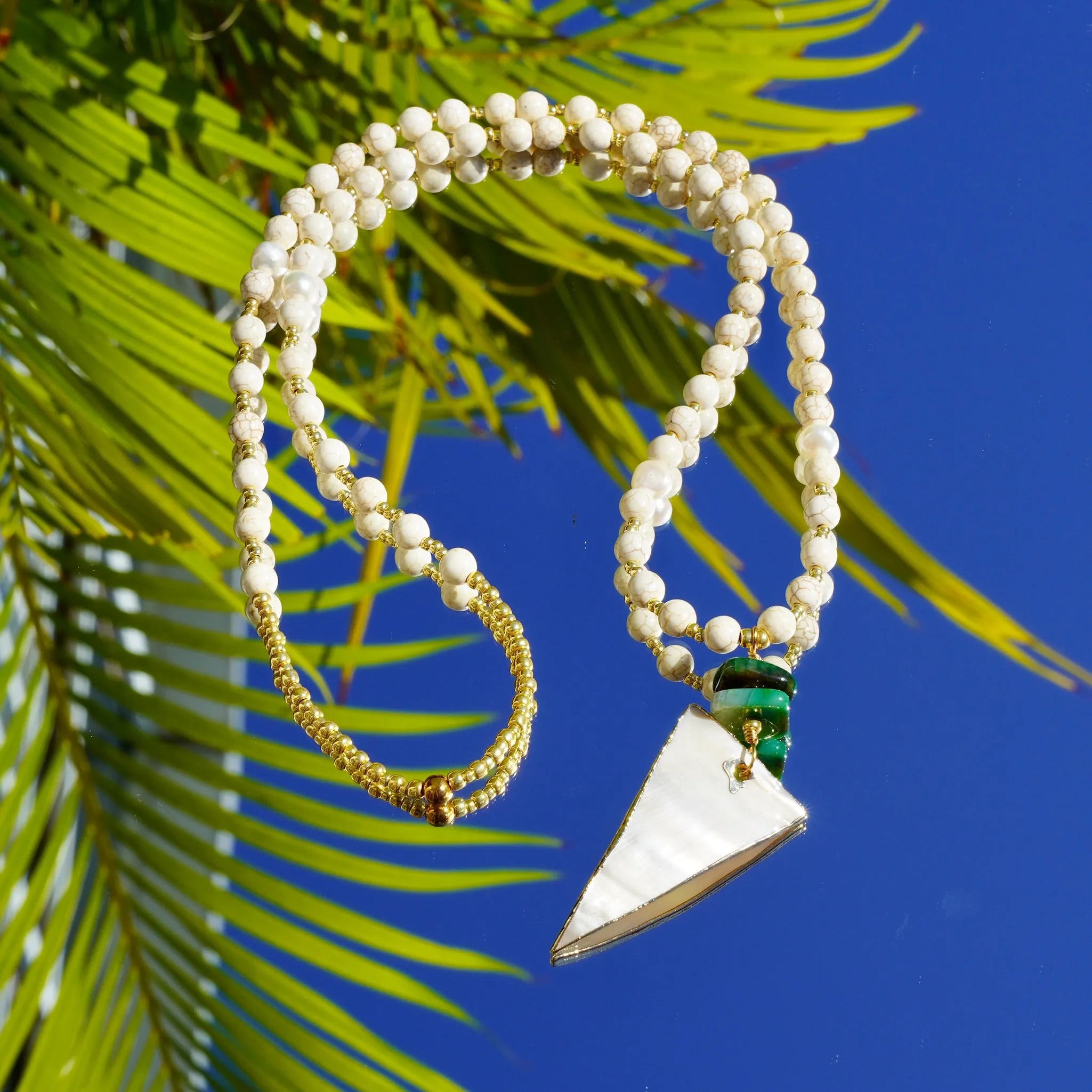 White Howlite Round Beads, Fresh Water Pearls, Green Agate, Golden Glass Beads and a Mother of Pearl Pendant in a Triangle Shape 310-37 | Erika Williner Designs