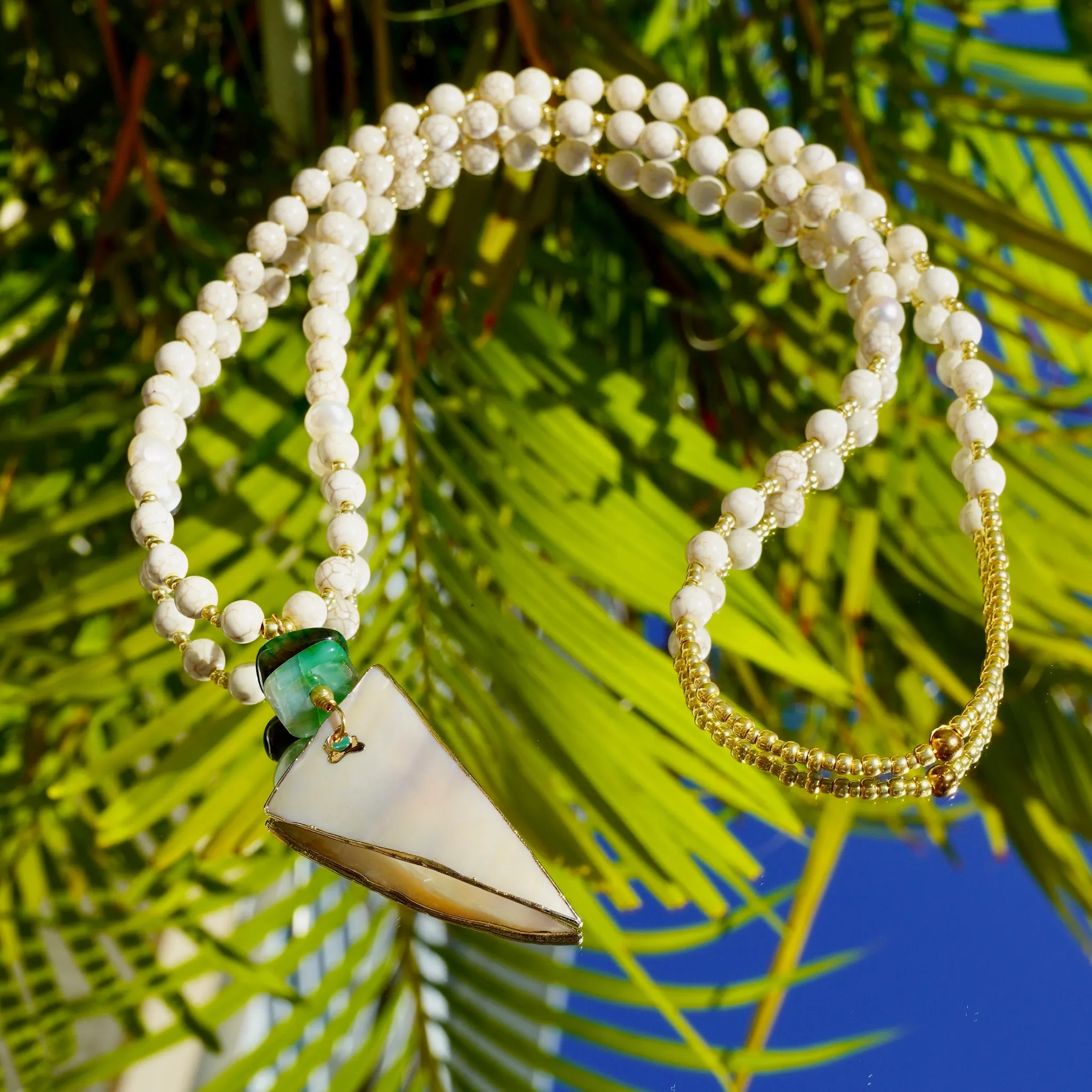 White Howlite Round Beads, Fresh Water Pearls, Green Agate, Golden Glass Beads and a Mother of Pearl Pendant in a Triangle Shape 310-37 | Erika Williner Designs