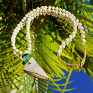 White Howlite Round Beads, Fresh Water Pearls, Green Agate, Golden Glass Beads and a Mother of Pearl Pendant in a Triangle Shape 310-37 | Erika Williner Designs