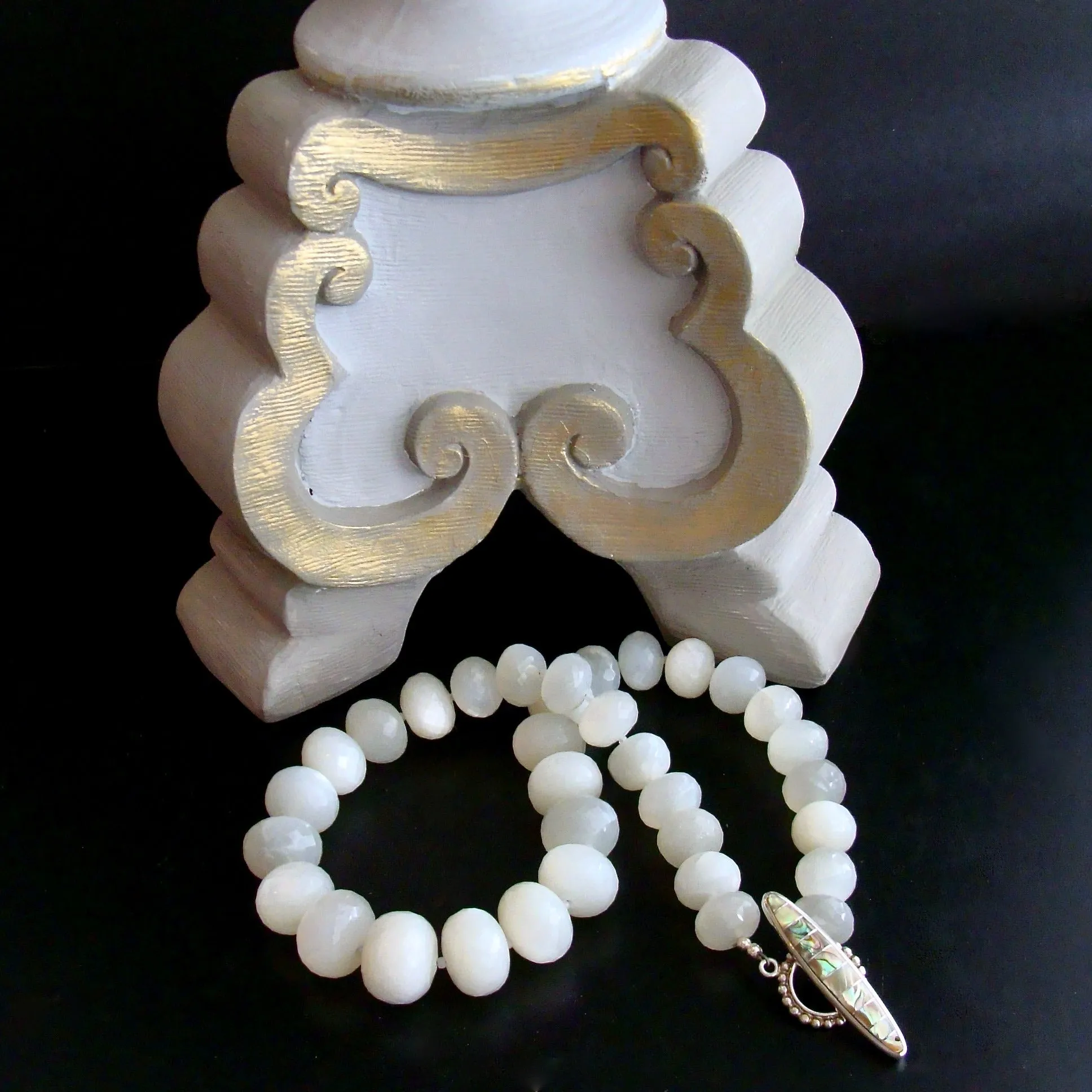 White Moonstone Choker Necklace with Abalone Inlay Toggle - Selene Necklace