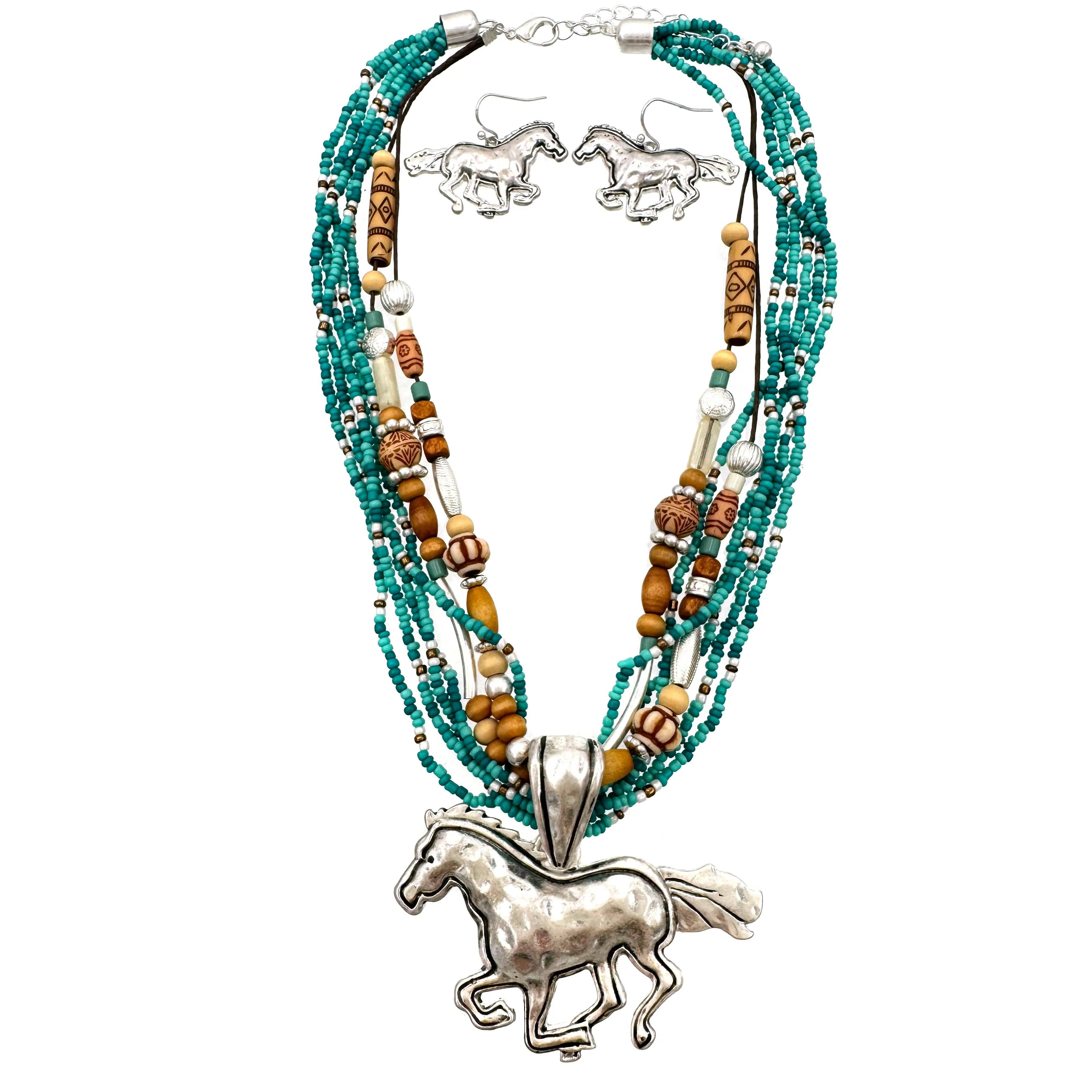 White Turquoise Navajo Bead Horse Pendant Necklace: White