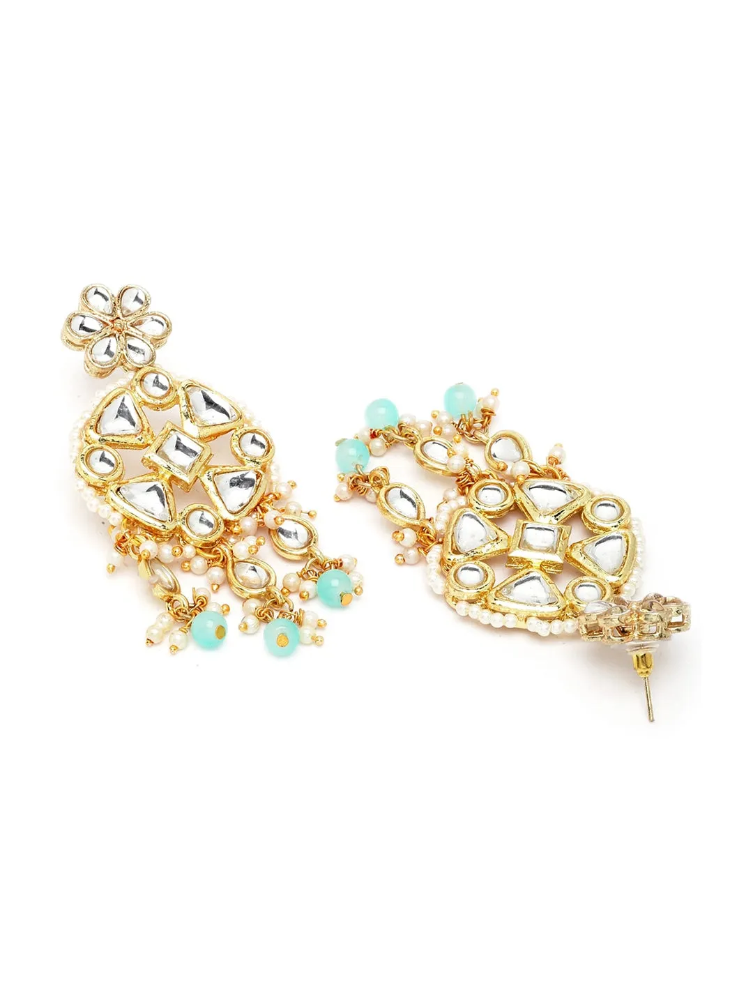 Women Gold Plated Light Blue Beads Studded Kundan Choker Necklace Set