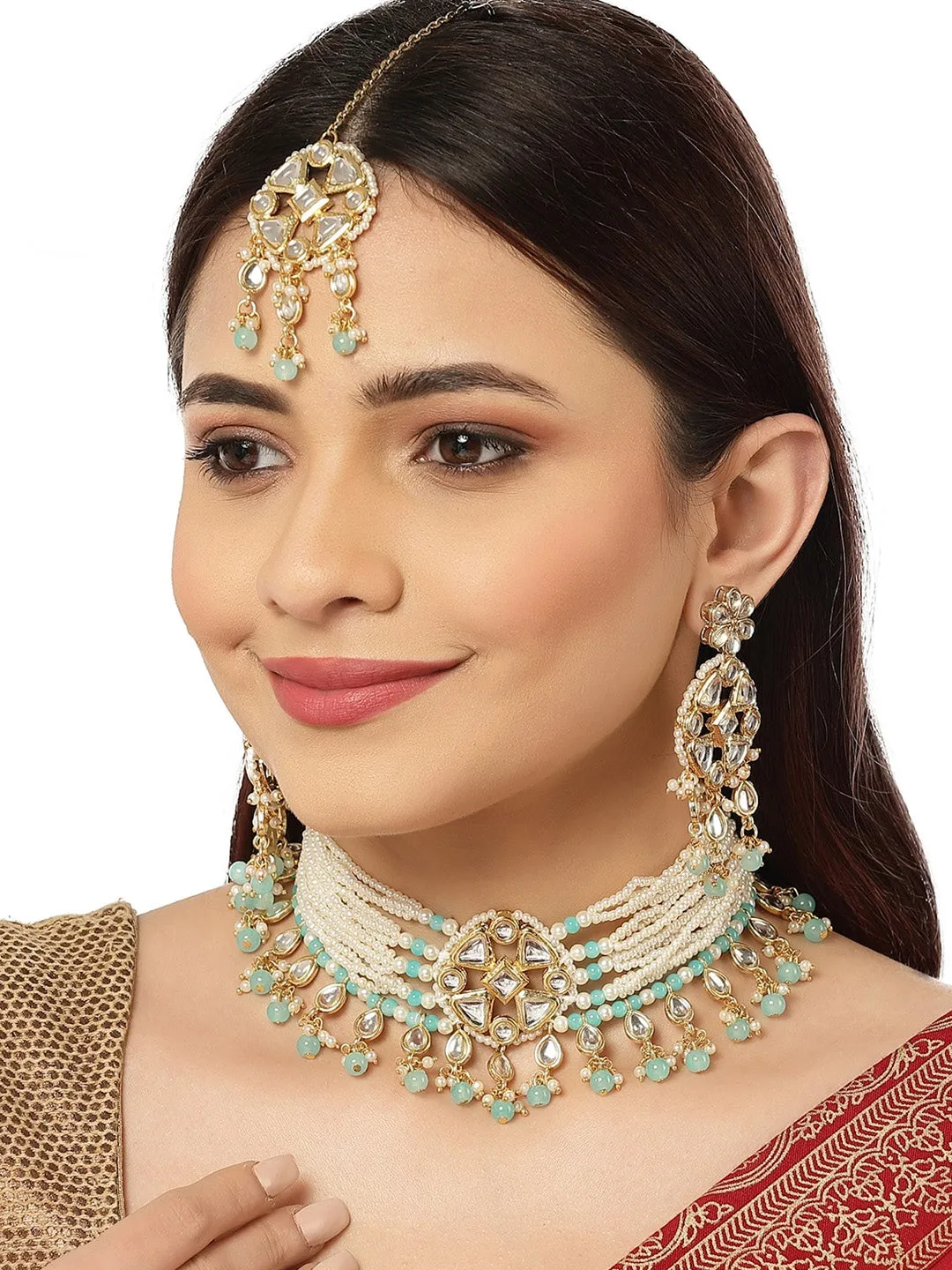 Women Gold Plated Light Blue Beads Studded Kundan Choker Necklace Set