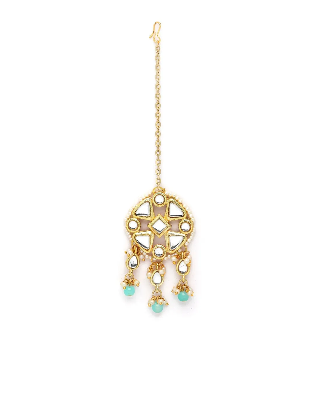 Women Gold Plated Light Blue Beads Studded Kundan Choker Necklace Set