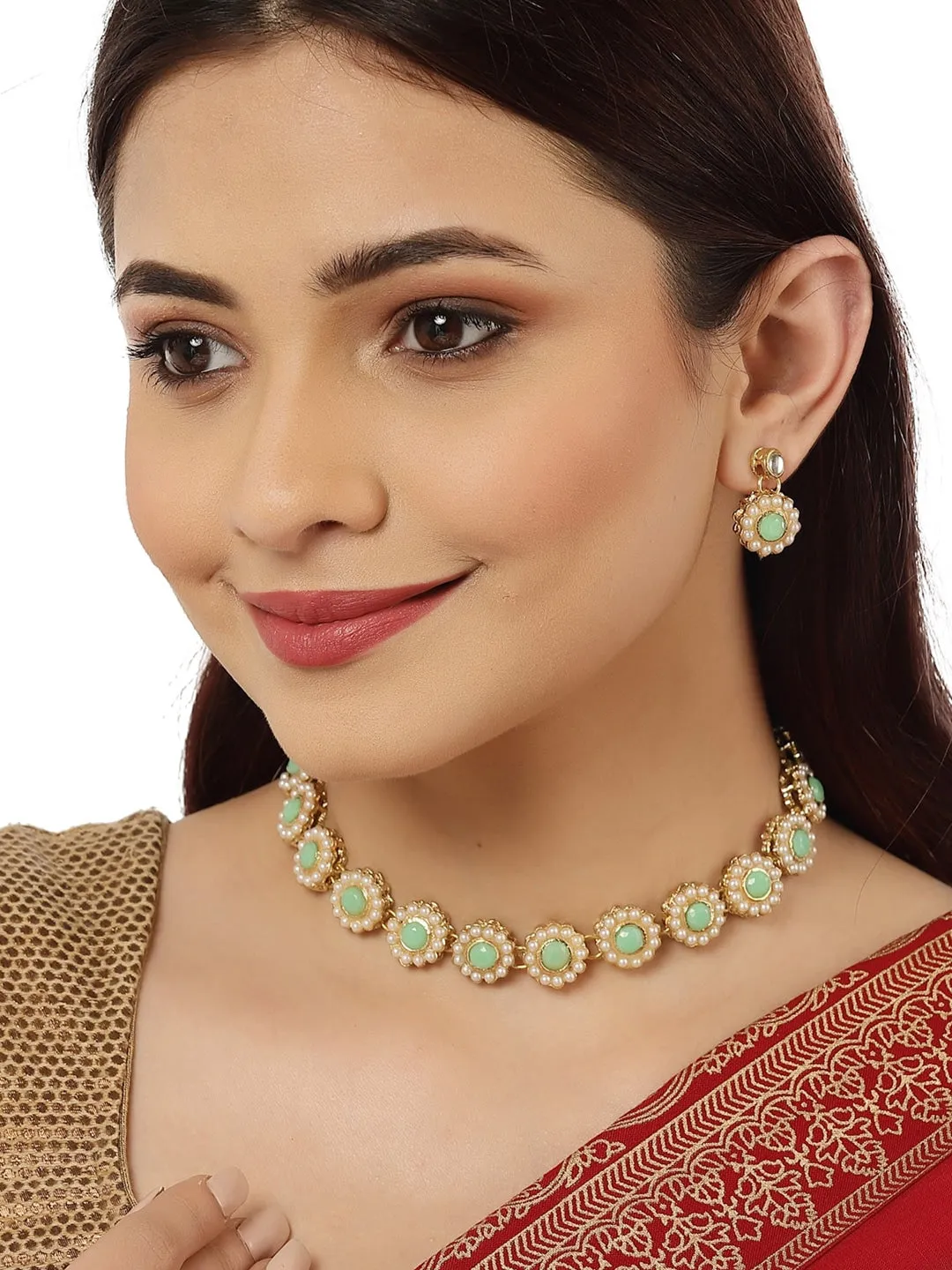 Women Lime Green Gold Plated Kundan Studded Jewellery Set