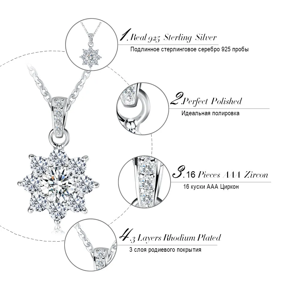 Women's Real 925 Sterling Silver Pendant Necklace With Crystal Snowflake