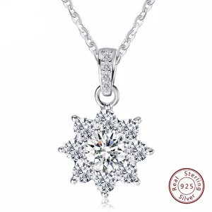 Women's Real 925 Sterling Silver Pendant Necklace With Crystal Snowflake