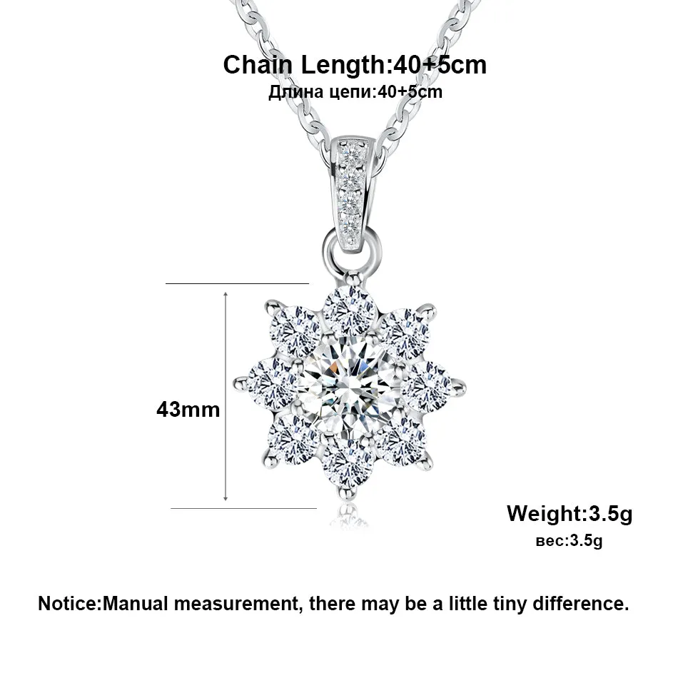 Women's Real 925 Sterling Silver Pendant Necklace With Crystal Snowflake