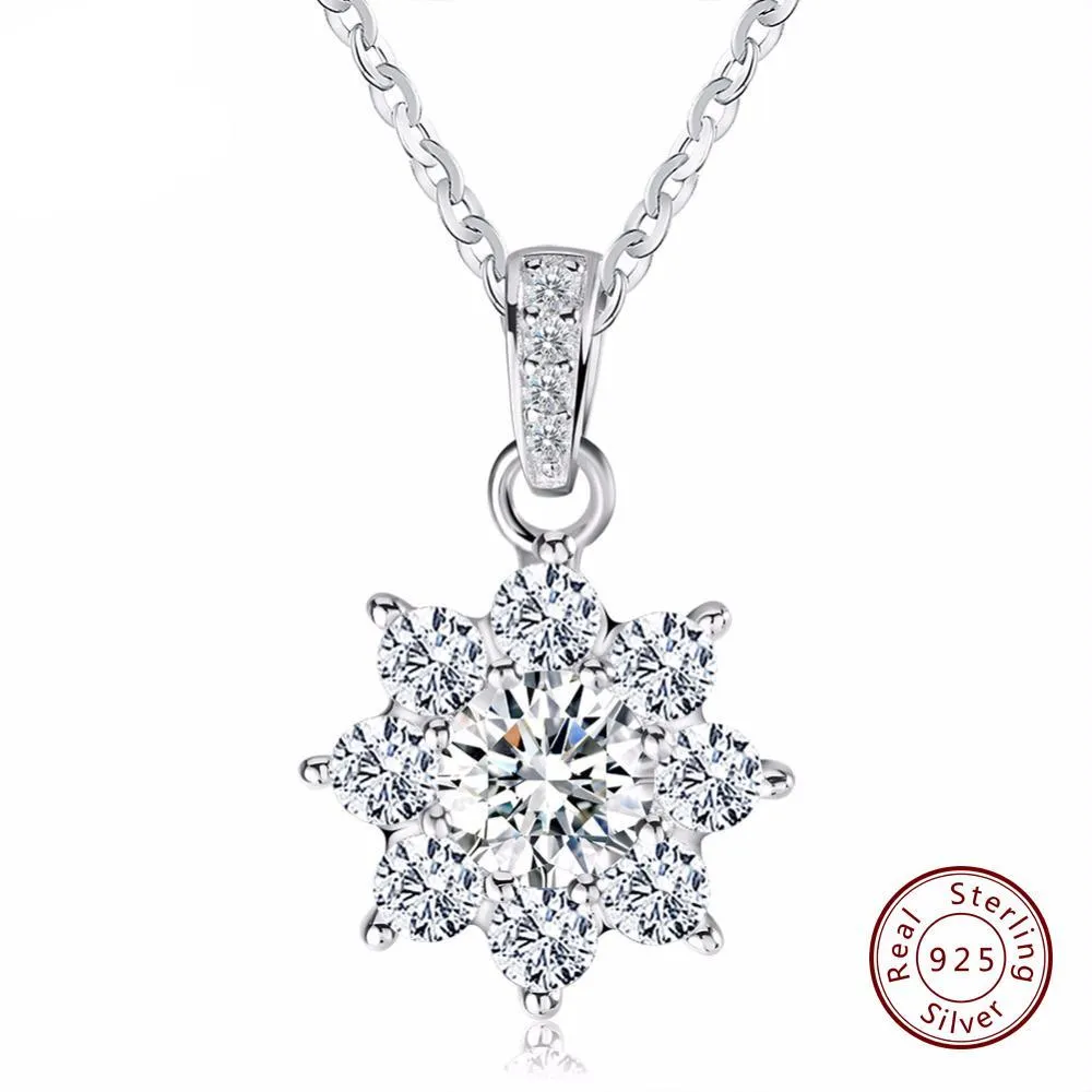 Women's Real 925 Sterling Silver Pendant Necklace With Crystal Snowflake