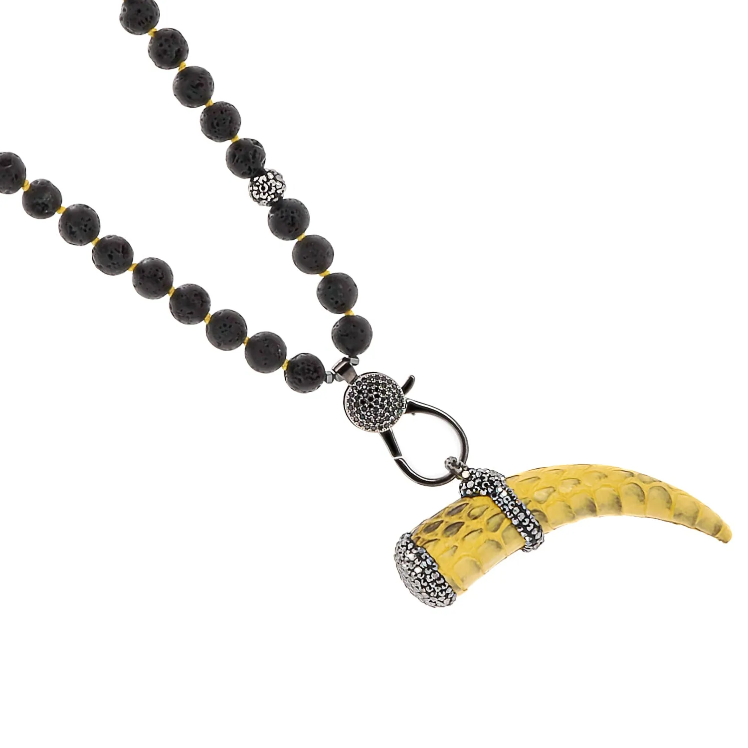Yellow Cornicello Pendant Black Lava Stone Unique Beaded Necklace