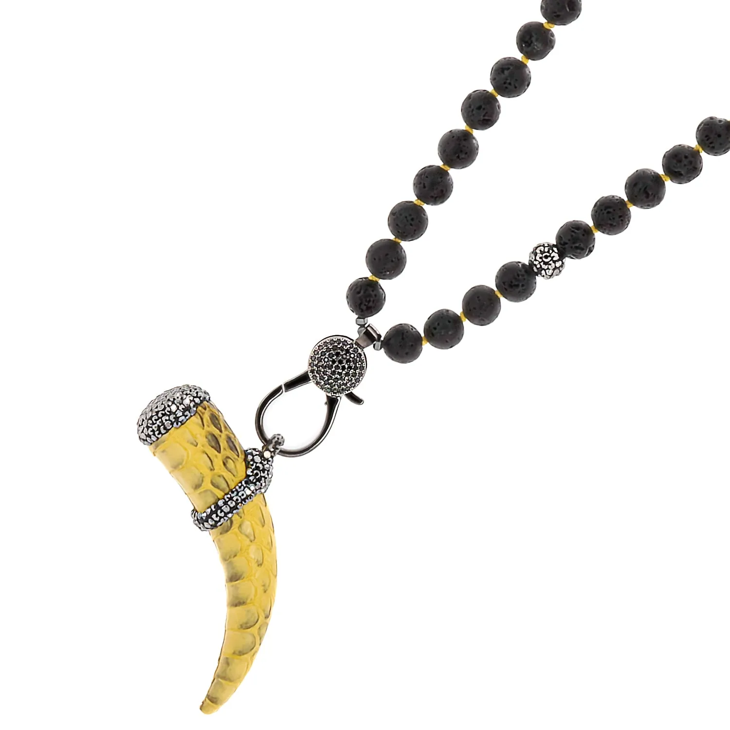 Yellow Cornicello Pendant Black Lava Stone Unique Beaded Necklace