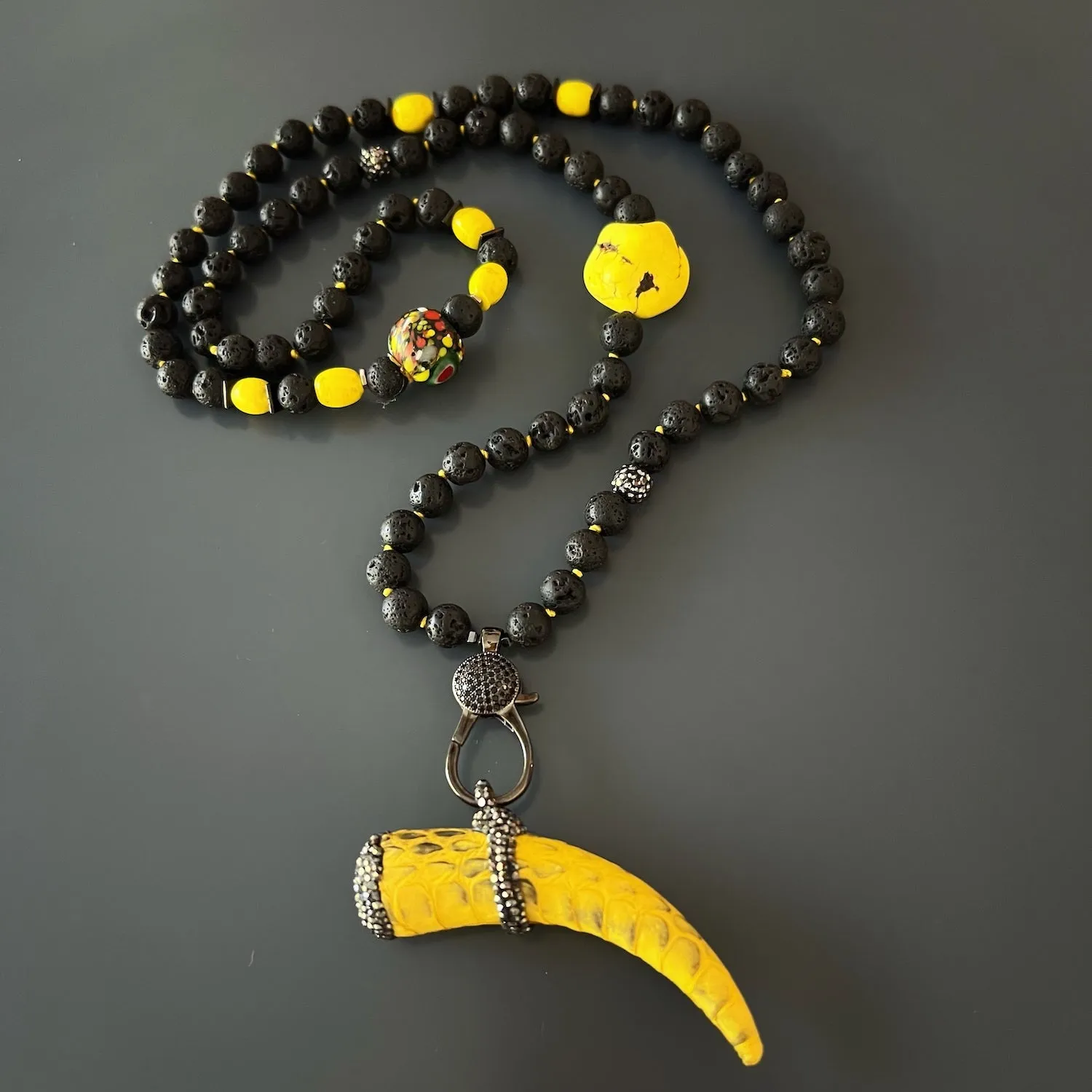 Yellow Cornicello Pendant Black Lava Stone Unique Beaded Necklace