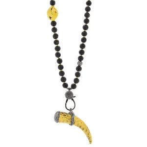 Yellow Cornicello Pendant Black Lava Stone Unique Beaded Necklace