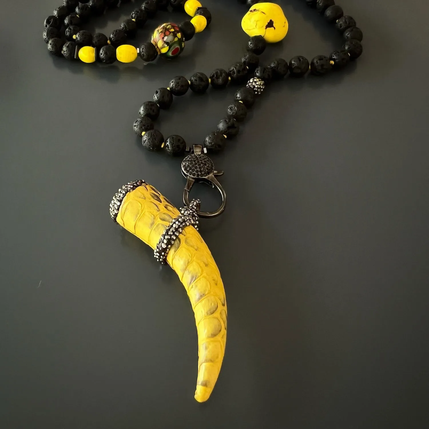 Yellow Cornicello Pendant Black Lava Stone Unique Beaded Necklace